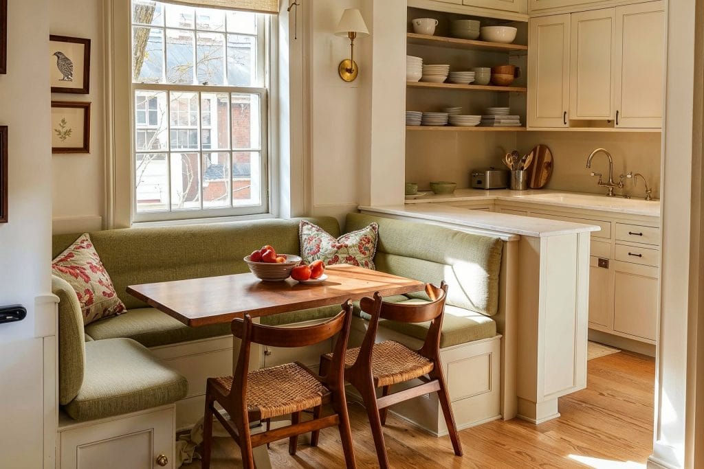 A creative two-tone kitchen featuring subtle green open shelving, by Decorilla