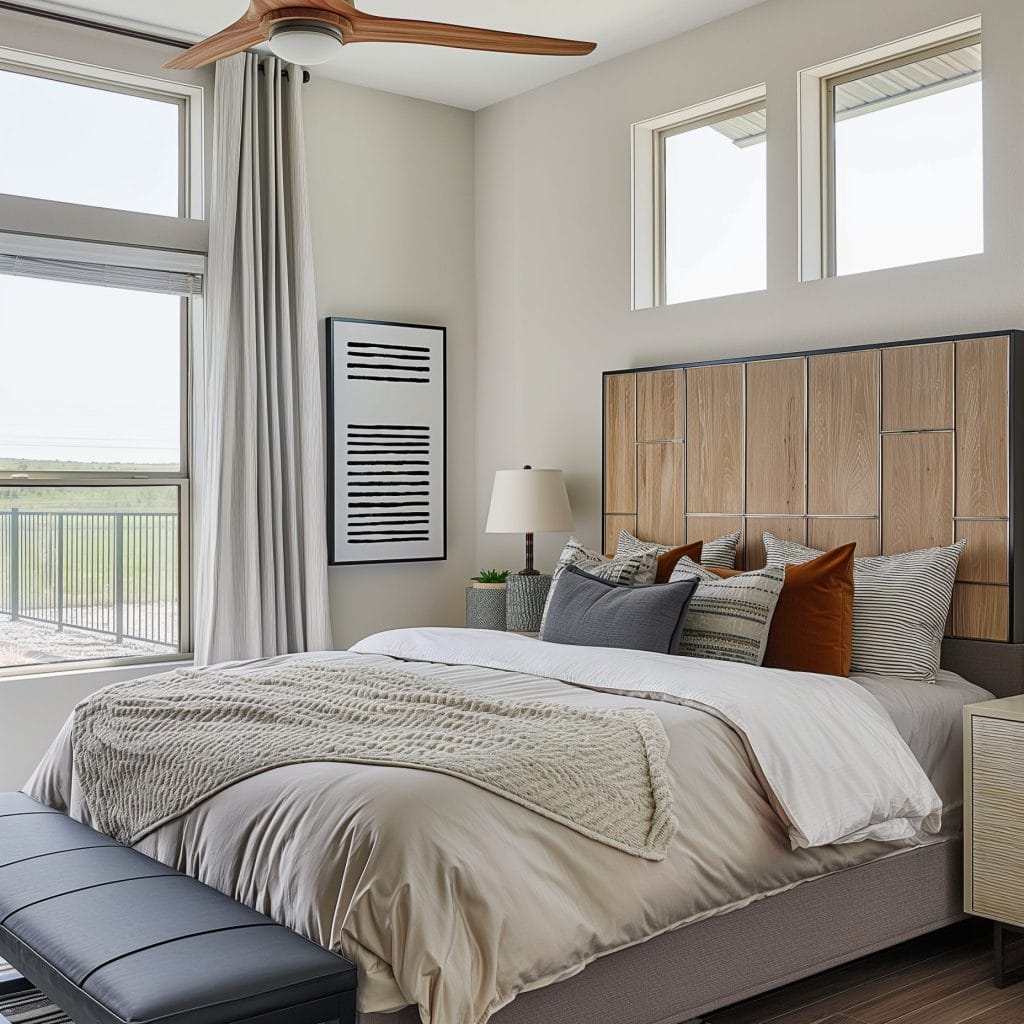 A statement headboard spruces up a Scandi-inspired neutral bedroom by Decorilla