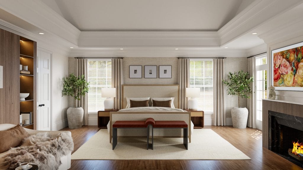 A transitional large master bedroom design with a seamless flow, by Decorilla