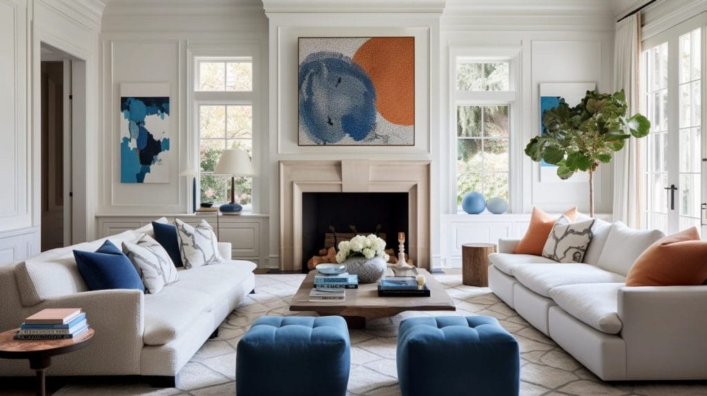 Blue accent decor in a living room by Decorilla