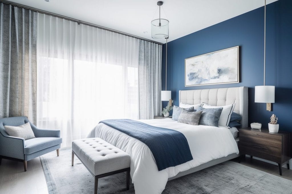 Blue home decor and a feature wall in a bedroom by Decorilla