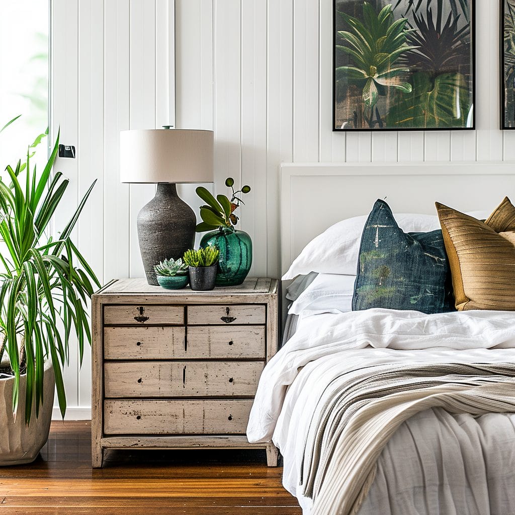 Soft white bedroom walls paired with earthy accents create a restful look by Decorilla