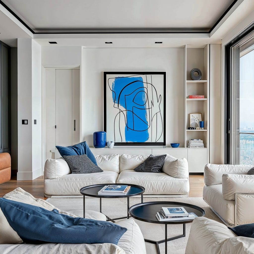 Decorate with blue abstract art like in this living room by Decorilla