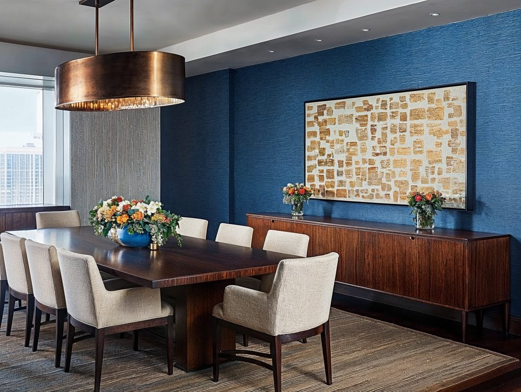 Decorate with blue wallpaper in a dining room, by Decorilla