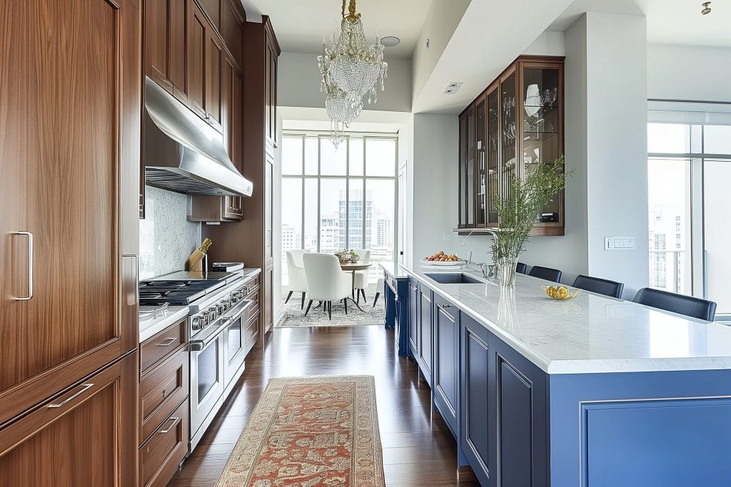 Elegant two-tone cupboards contrasting wood and solid blue elements in a kitchen by Decorilla