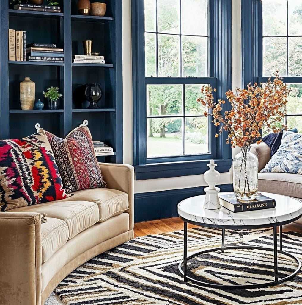 Geometric rug and floral cushions in a room by Decorilla