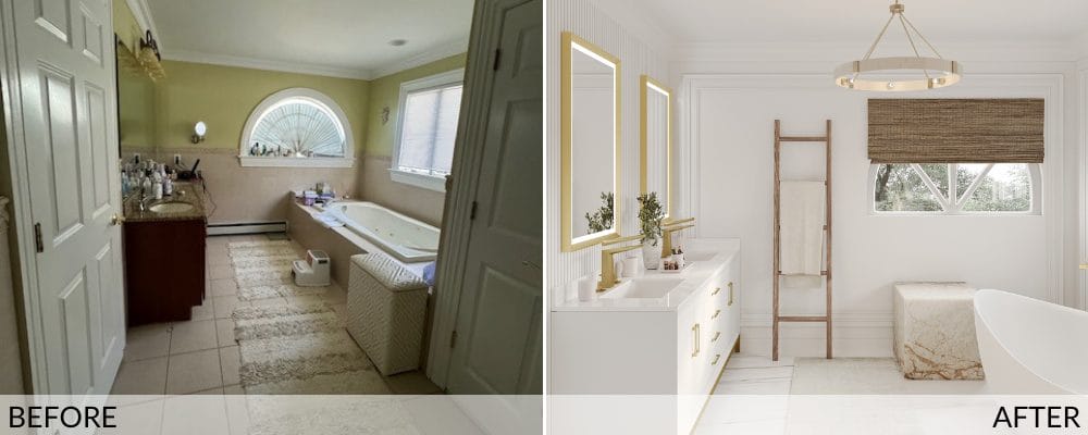 Gold and white bathroom before and after design by Decorilla