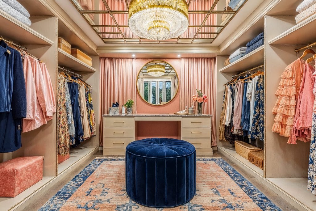 Luxury walk in closet with mirrored ceiling by Decorilla