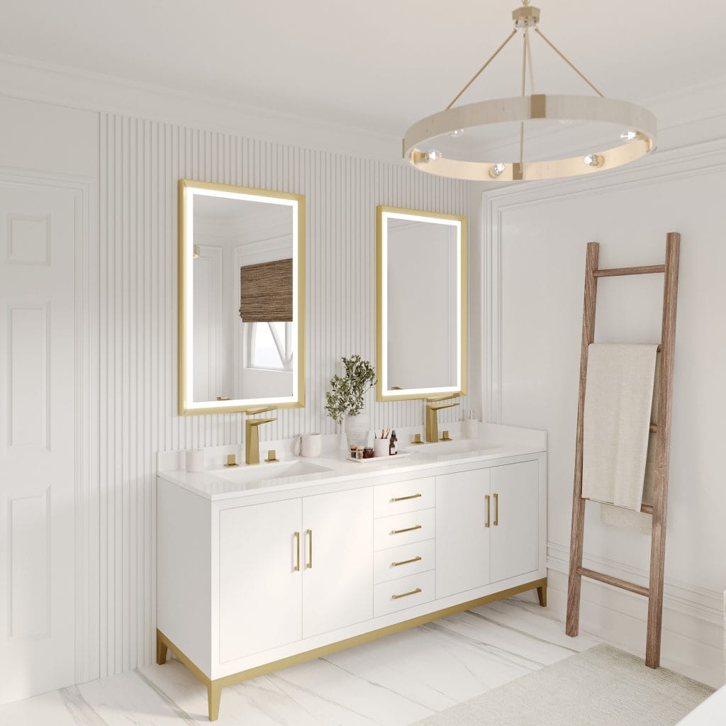 Minimalist white and gold bathroom vanity in a layout by Decorilla