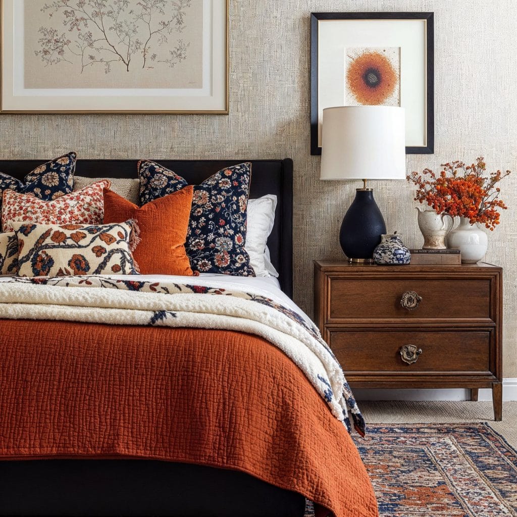 Mixing flower patterns in a bedroom by Decorilla