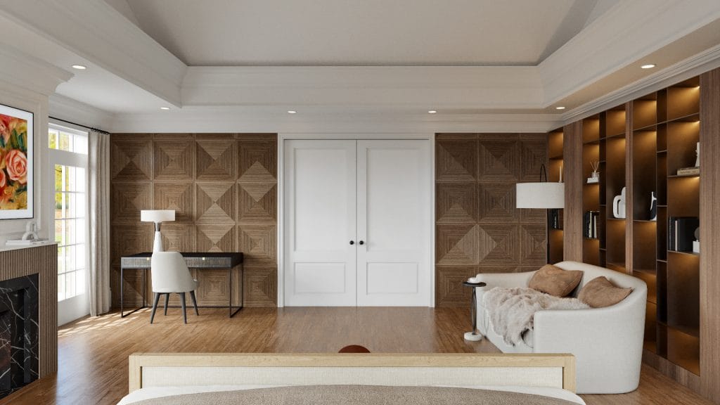 Modern large master bedroom design featuring geometric wall paneling, by Decorilla