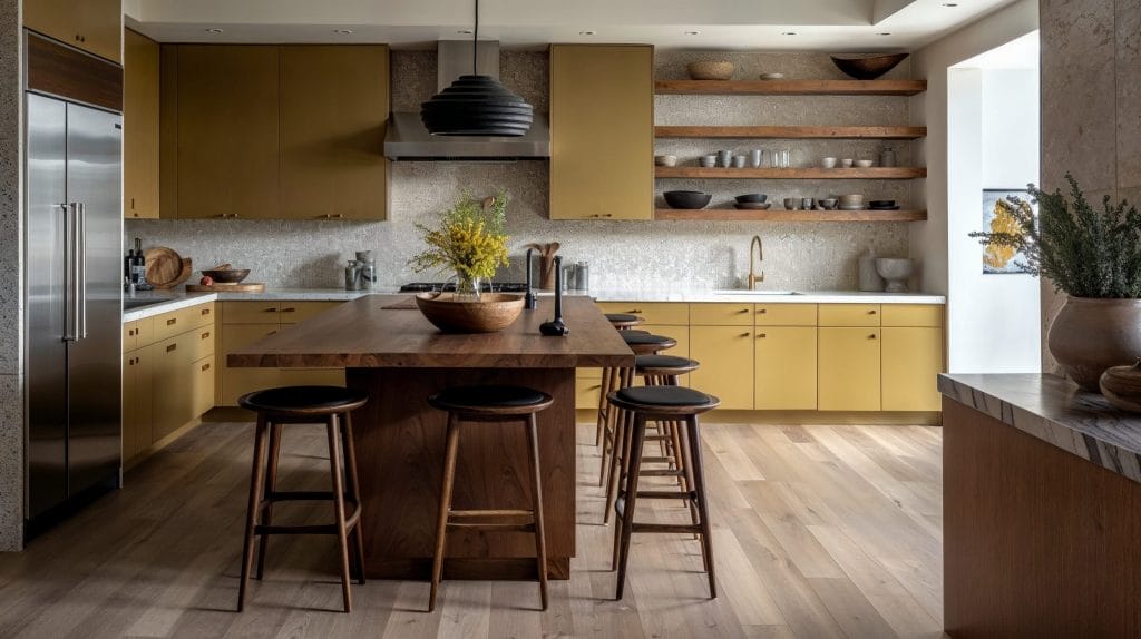 Modern mustard yellow kitchen design by DECORILLA