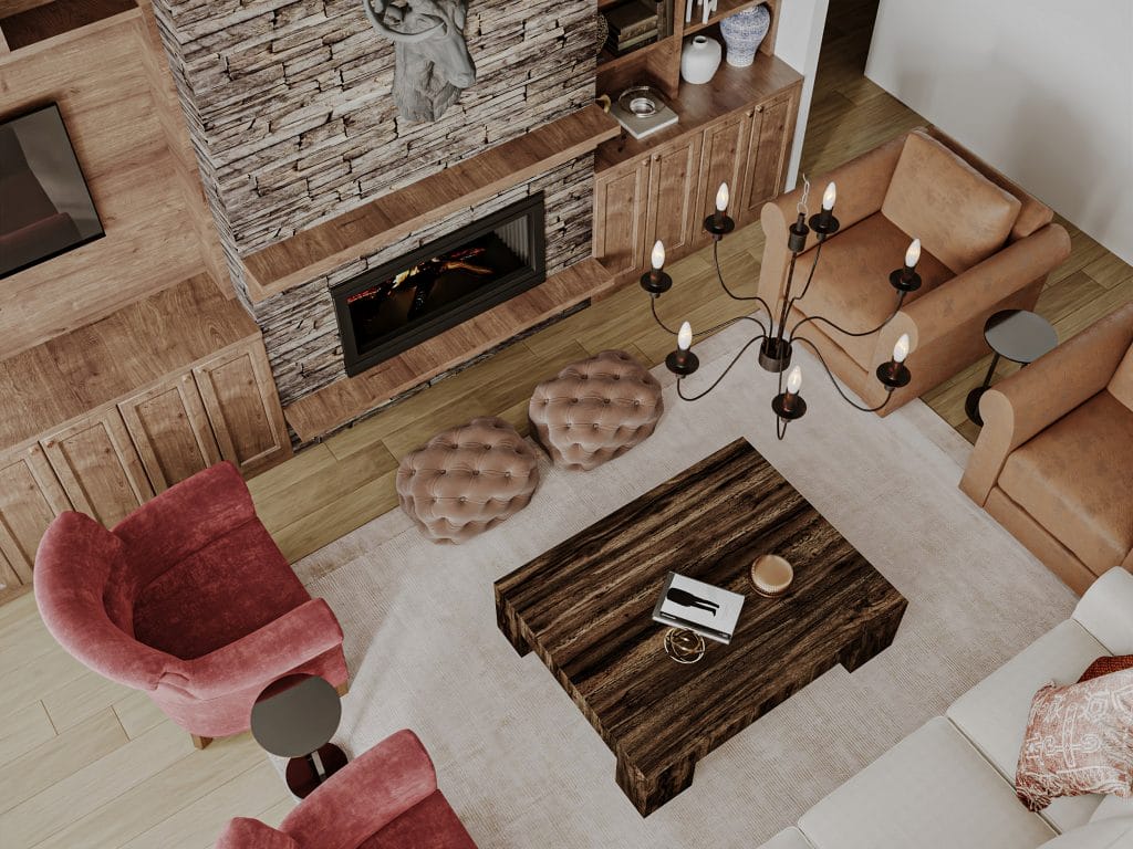 Mountain rustic furniture layout in a welcoming living room by Decorilla