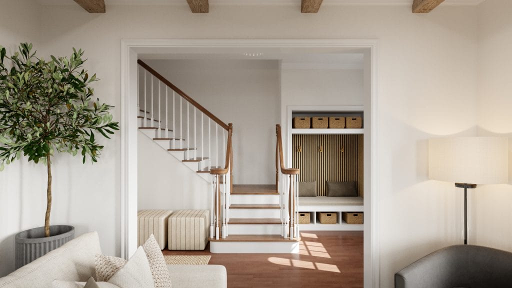 Negative space elegantly frames the hallway view from the family room designed by Decorilla