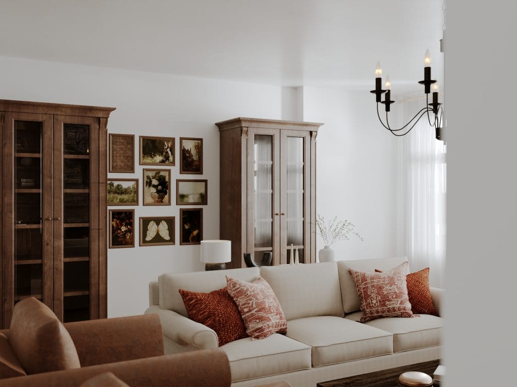 Neutral tones and textured mountain rustic decor in a living room by Decorilla