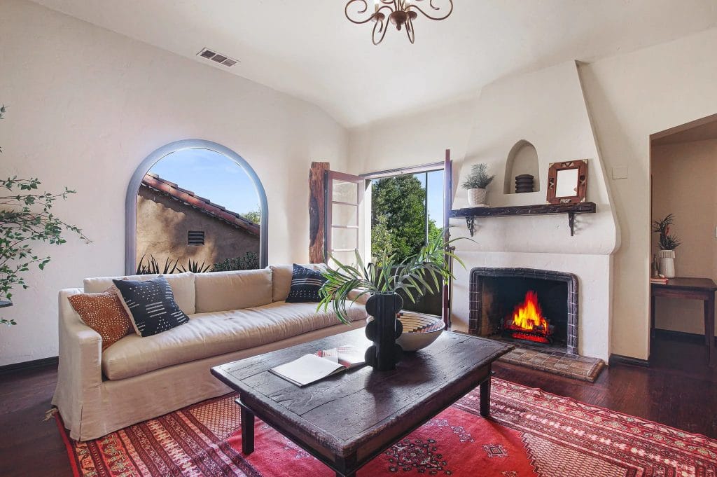 Unexpected red trend in a family room by Decorilla designer, Sarah R. 