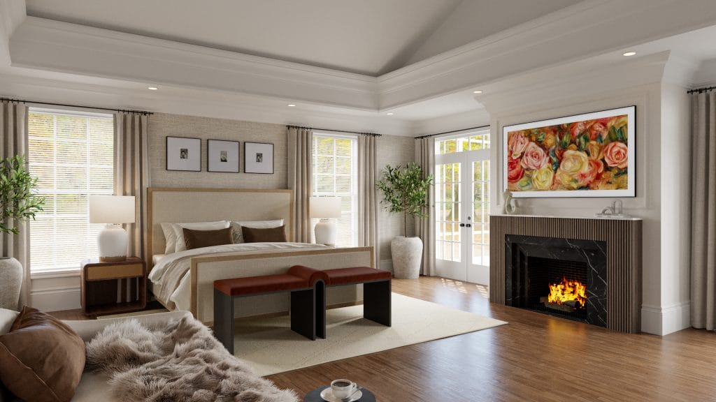 Refined large master bedroom layout with a sitting area, by Decorilla