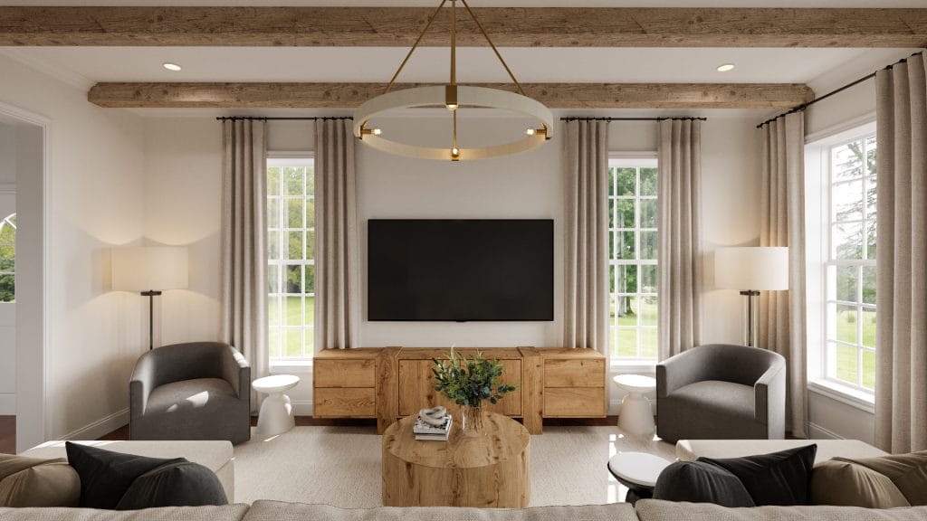 Rustic beams meet contemporary furniture in this elegant family room design by Decorilla