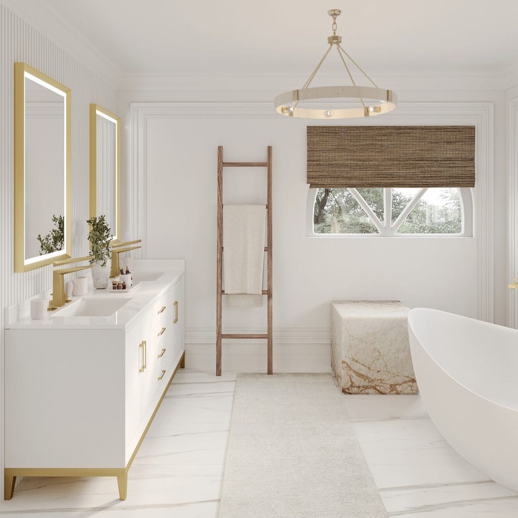 Sleek white bathroom with gold hardware, by Decorilla