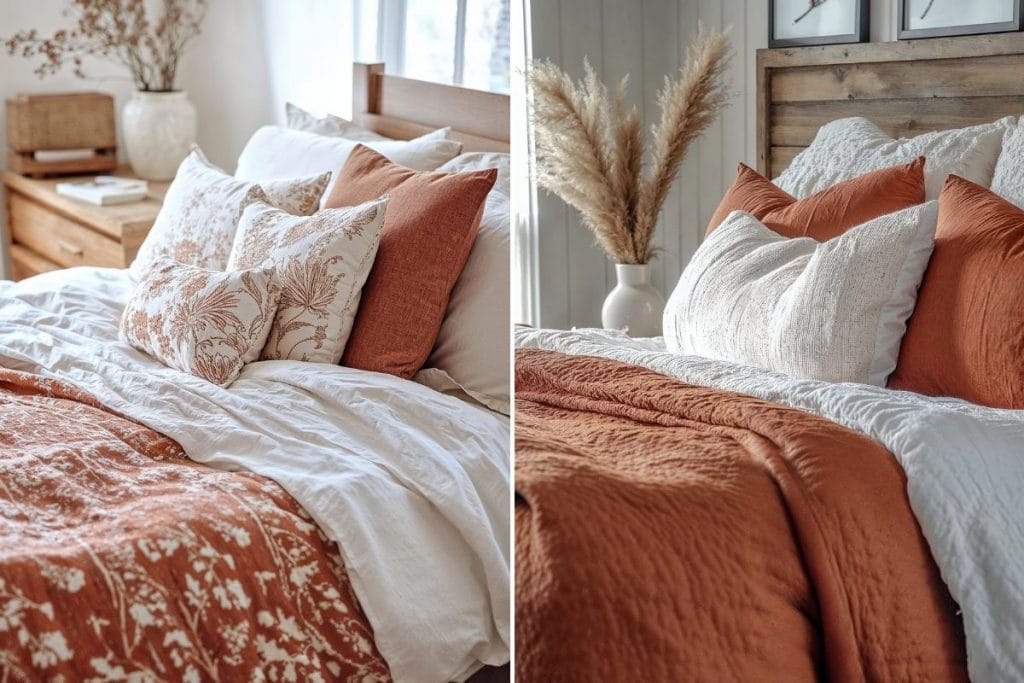 Terracotta accents and neutral bedroom decor in interiors by Decorilla