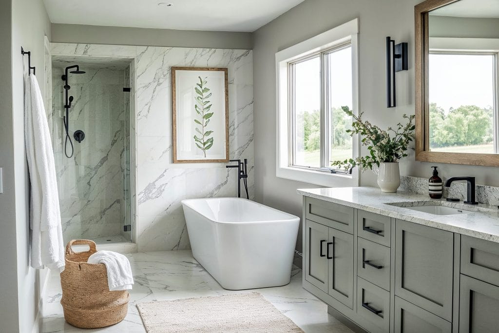 Transitional bathroom design with high-tech features, by Decorilla