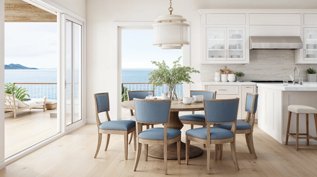 blue dining chairs in a coastal dining room by Decorilla