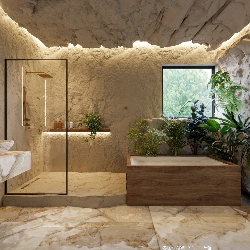 A serene jungle bathroom featuring cascading greenery and textured rock walls by Decorilla