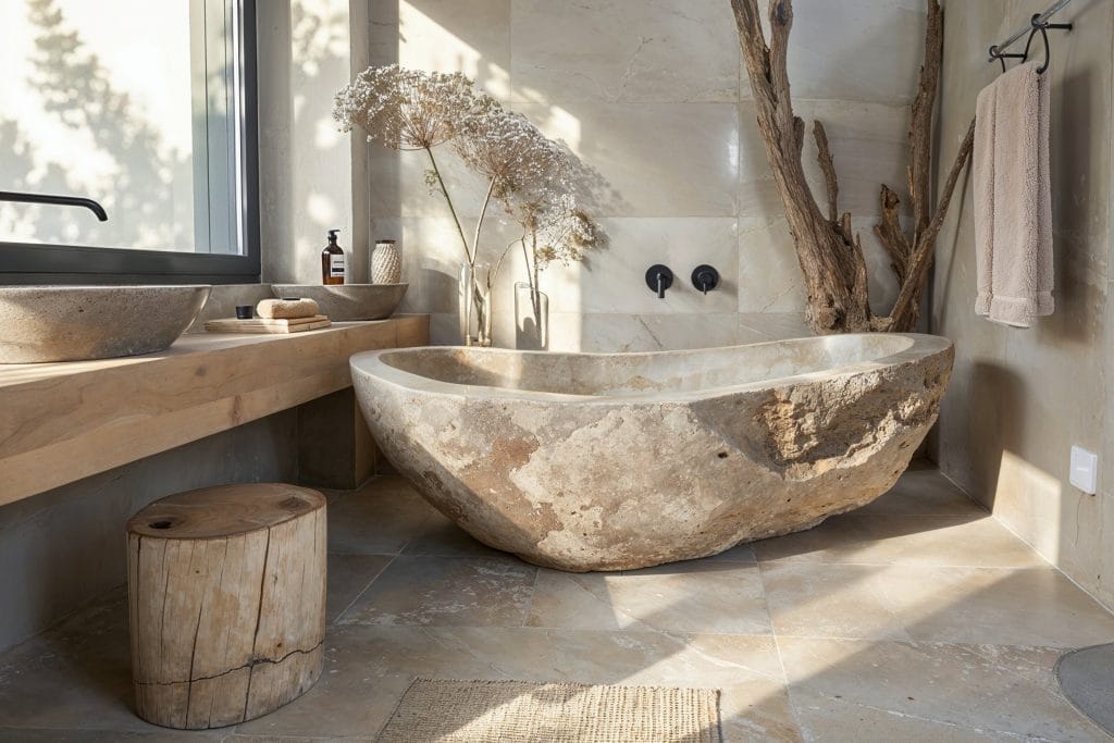 A stunning rock bathroom with a carved tub and earthy details for a natural retreat by Decorilla