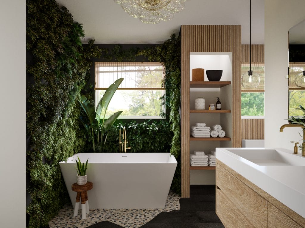 Bathroom design bringing the outdoors inside with vibrant foliage, by Decorilla