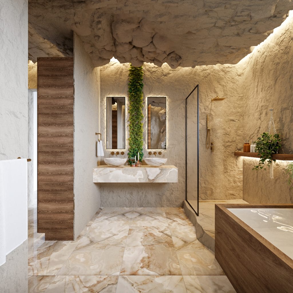 Bathroom interior with rocks and tropical accents creating a relaxing sanctuary, by Decorilla