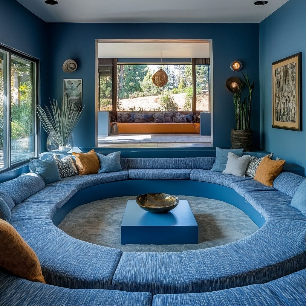 Bold curvy furniture in a sunken living room design by Decorilla