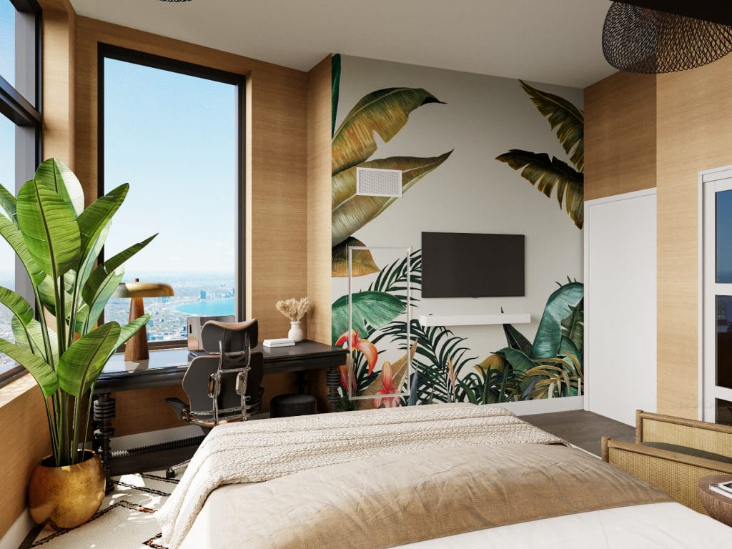 La murale tropicale audacieuse transforme ce combo de bureaux et de chambre d'amis de Decorilla