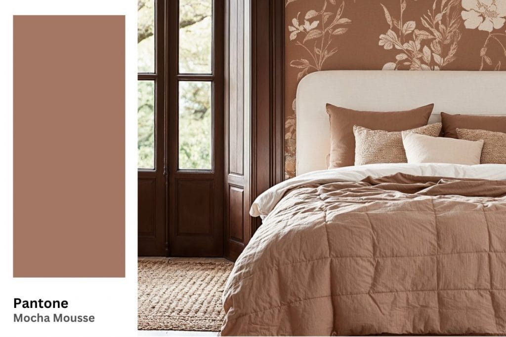 Contemporary bedroom with Mocha Mousse accents by DECORILLA