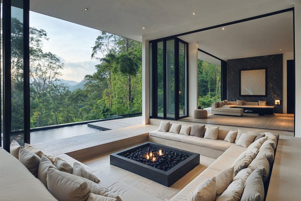 Contemporary sunken living room with a view by Decorilla