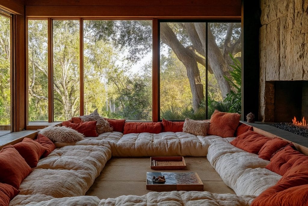 Cozy sunken living room with a fireplace by Decorilla