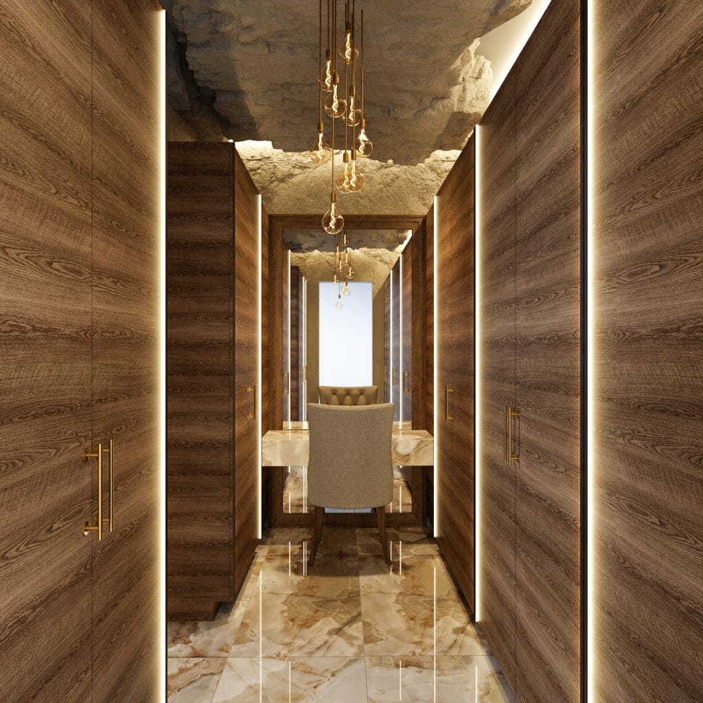 Dressing room inside the jungle bathroom featuring warm wood accents for balance, by Decorilla