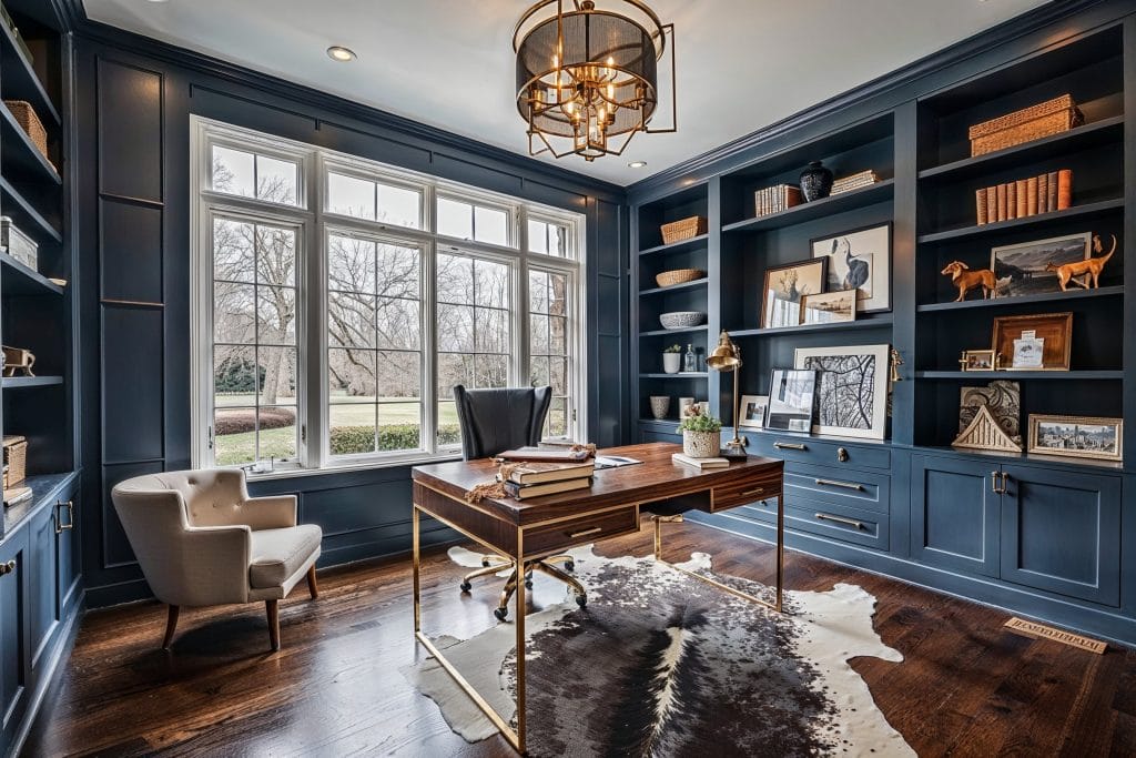 Eclectic transitional home office with Rain Cloud cabinets by DECORILLA