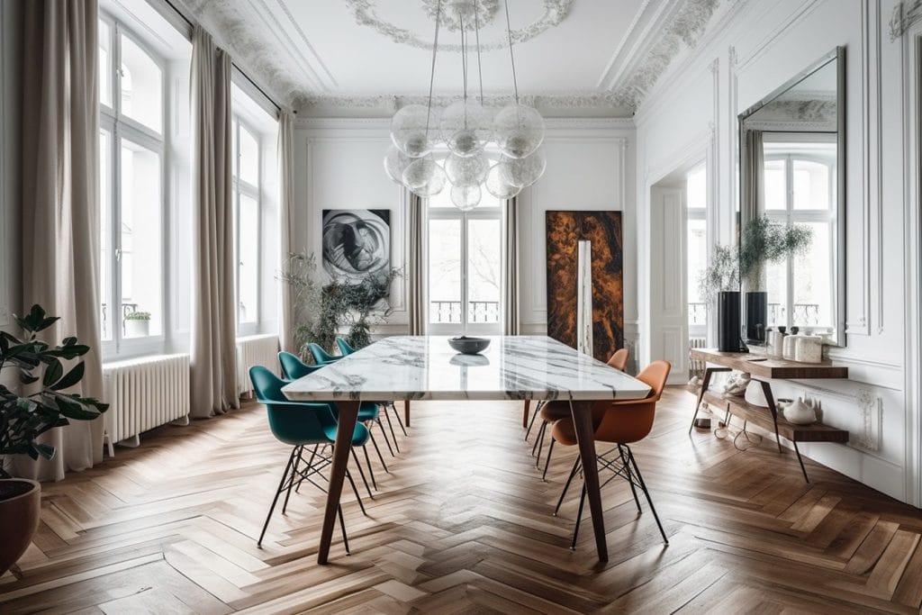 Neo classic dining room with parquet floors by Decorilla