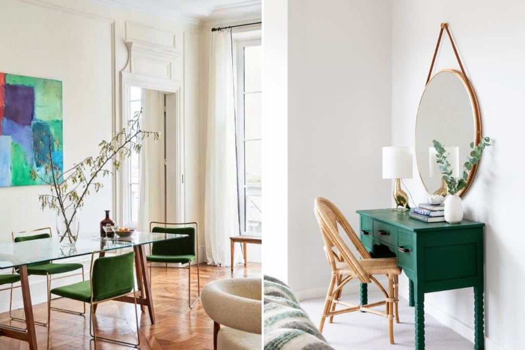 Pops of green in interiors by Decorilla designers, Federica P. (left) and Caity H. (right)