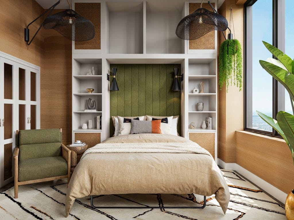 Sleek Murphy bed in a chic office and guest room combo by Decorilla