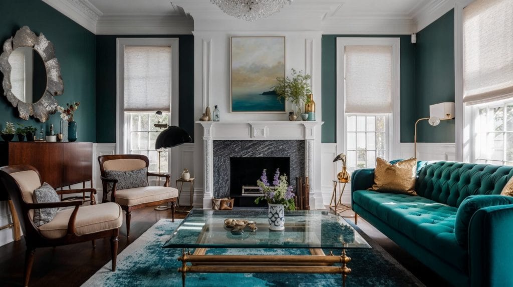 Teal green formal living room interior by Decorilla