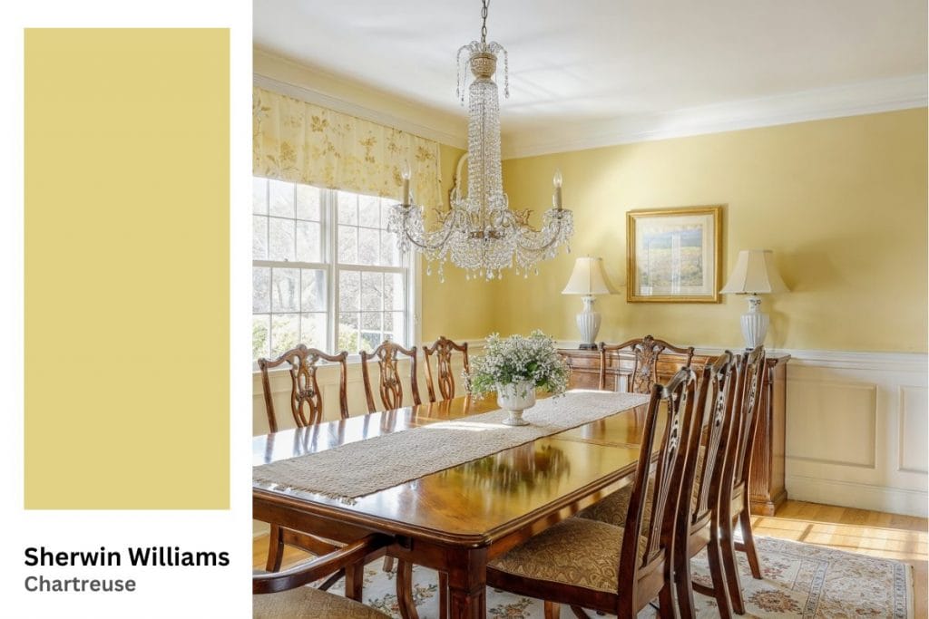 Traditional dining room with Chartreuse walls by DECORILLA