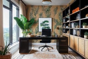 Tropical eclectic office and guest room combo before and after, by Decorilla