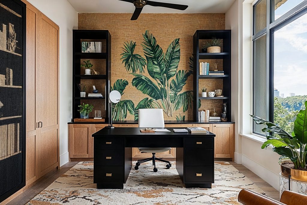 Tropical vibes in a home office by Decorilla