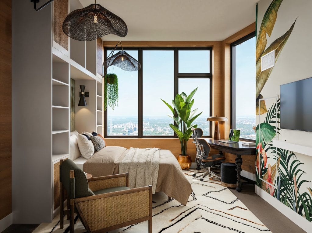 Tons chauds définissent cette chambre d'amis de bureau à la maison confortable par décoroulla