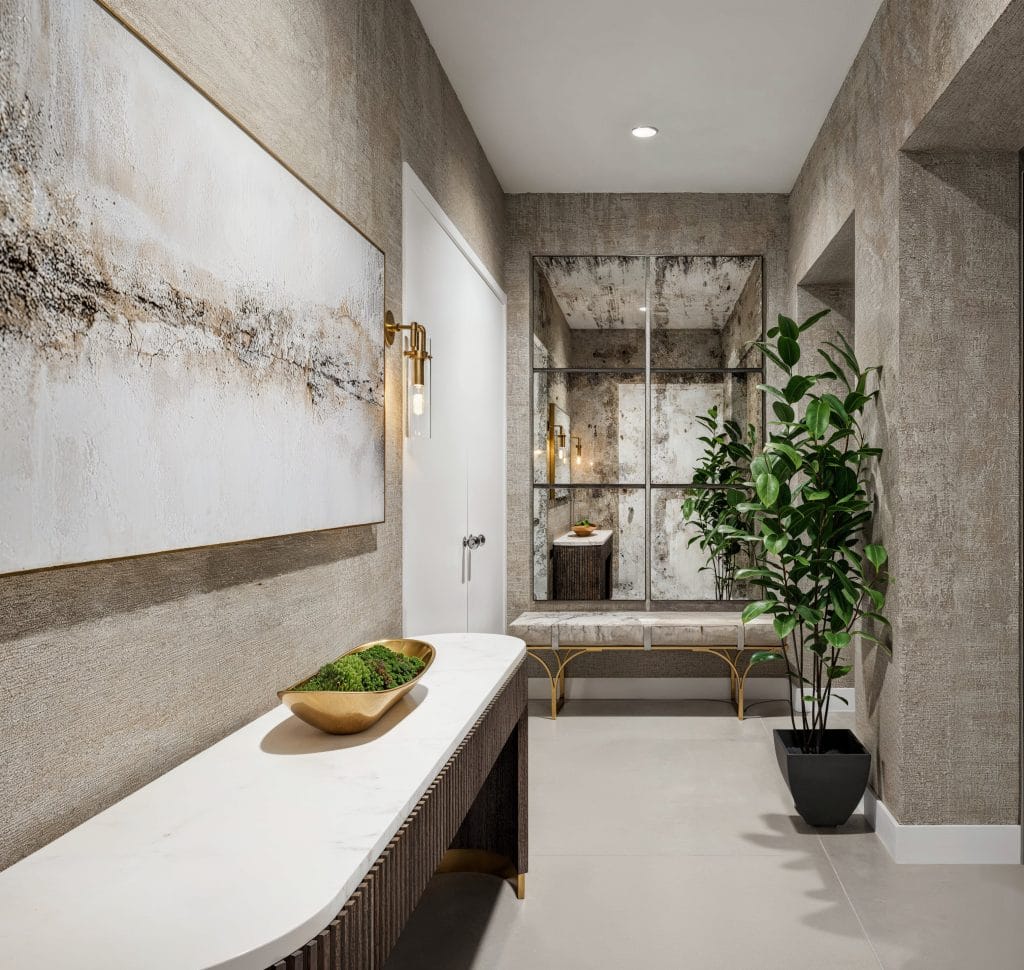 A striking mix of natural elements and sleek finishes in Miami interior style hallway by Decorilla