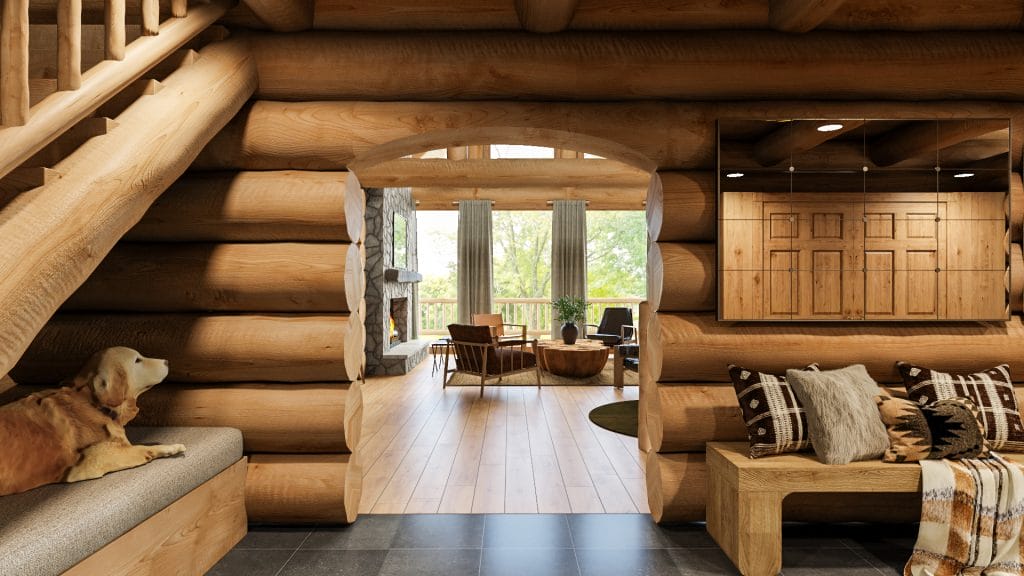 Cozy log cabin interior by Decorilla