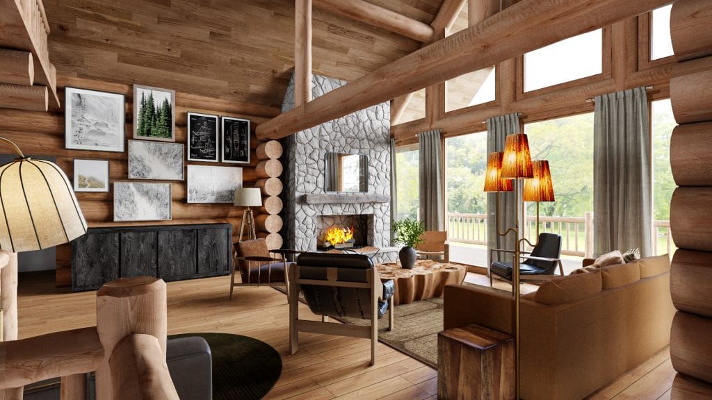 Cozy log cabin interior design by Decorilla