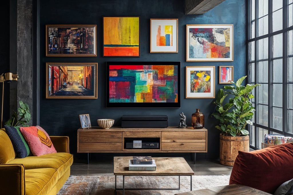 Gallery wall decorating around a TV by Decorilla