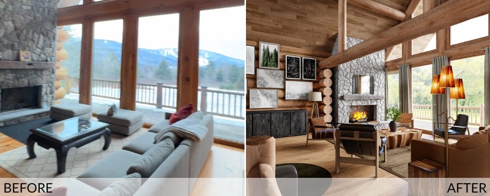 Log cabin interior before and after design by Decorilla